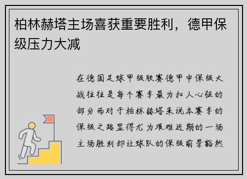 柏林赫塔主场喜获重要胜利，德甲保级压力大减